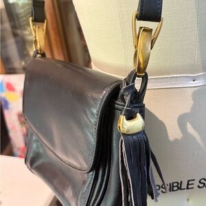 Vintage Sereta Black Leather Crossbody Tassel Bag UK Patent Classic 80s-90s